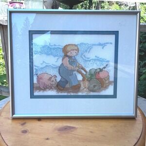 Vintage Cross Stitch Framed Art Nursery Boy Large Blue Silver 1980s Needlepoint